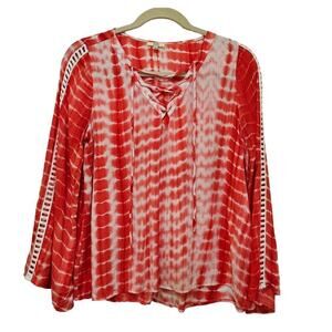 Kori America Soft Boho Coral White Tiedyed lace wide sleeve SzL.  Comfy.‎ Hippie
